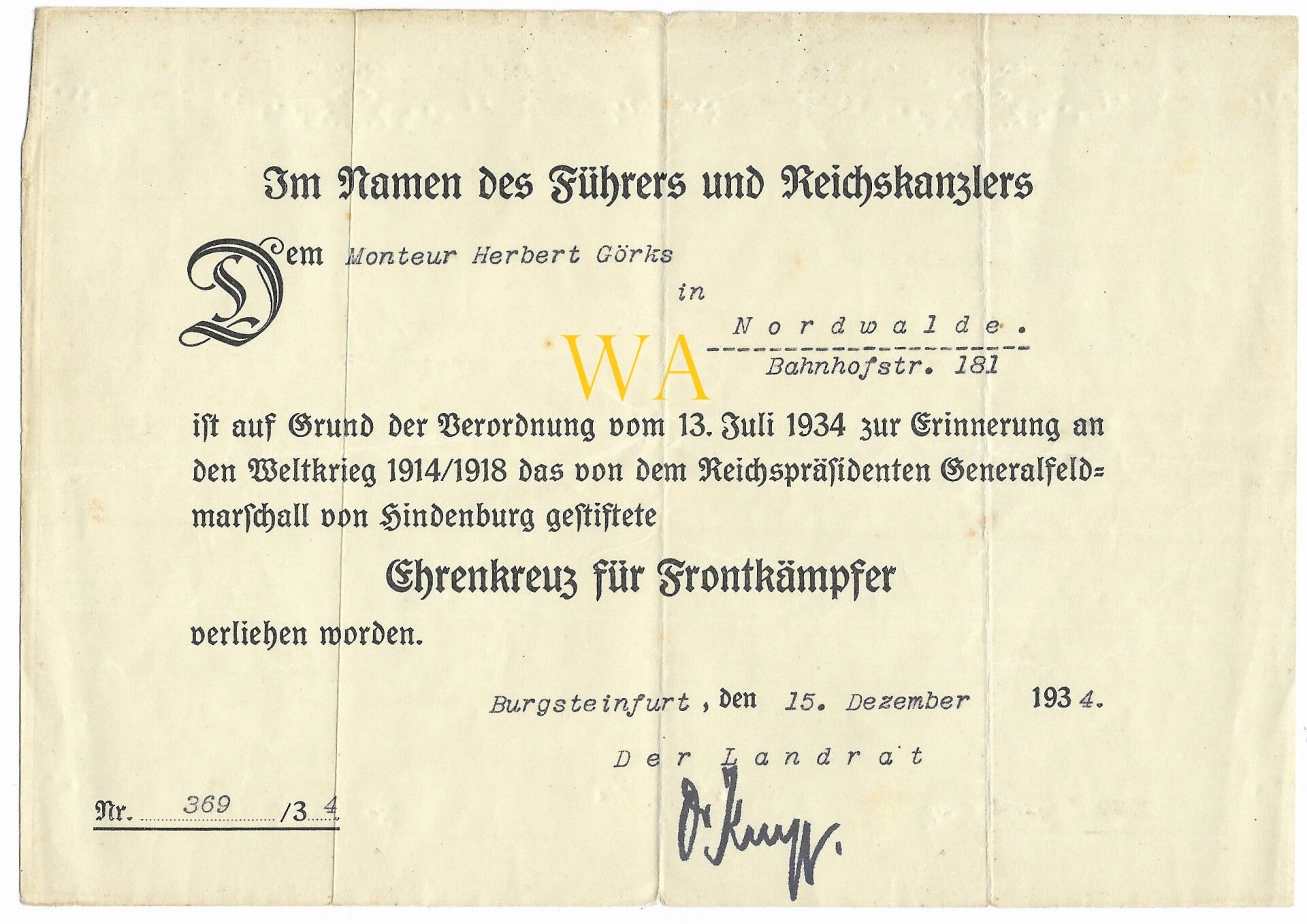 Renewal document of the 'Eherenkreuz für Frontkämpfer'