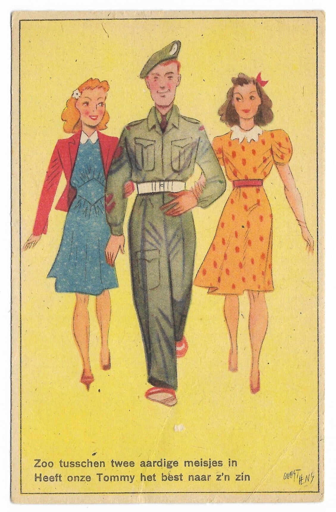Postcard: 'Zoo tusschen twee aardige meisjes in heeft onze Tommy het best naar zijn zin'.