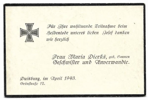 German obituary card from 1943 ( Duisburg)