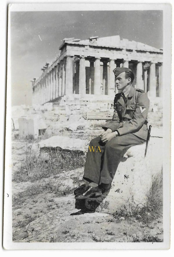 German soldier in front of the Acropolis in Athens, Greece.