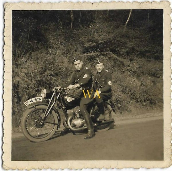 2 NSKK members on a DKW motorbike