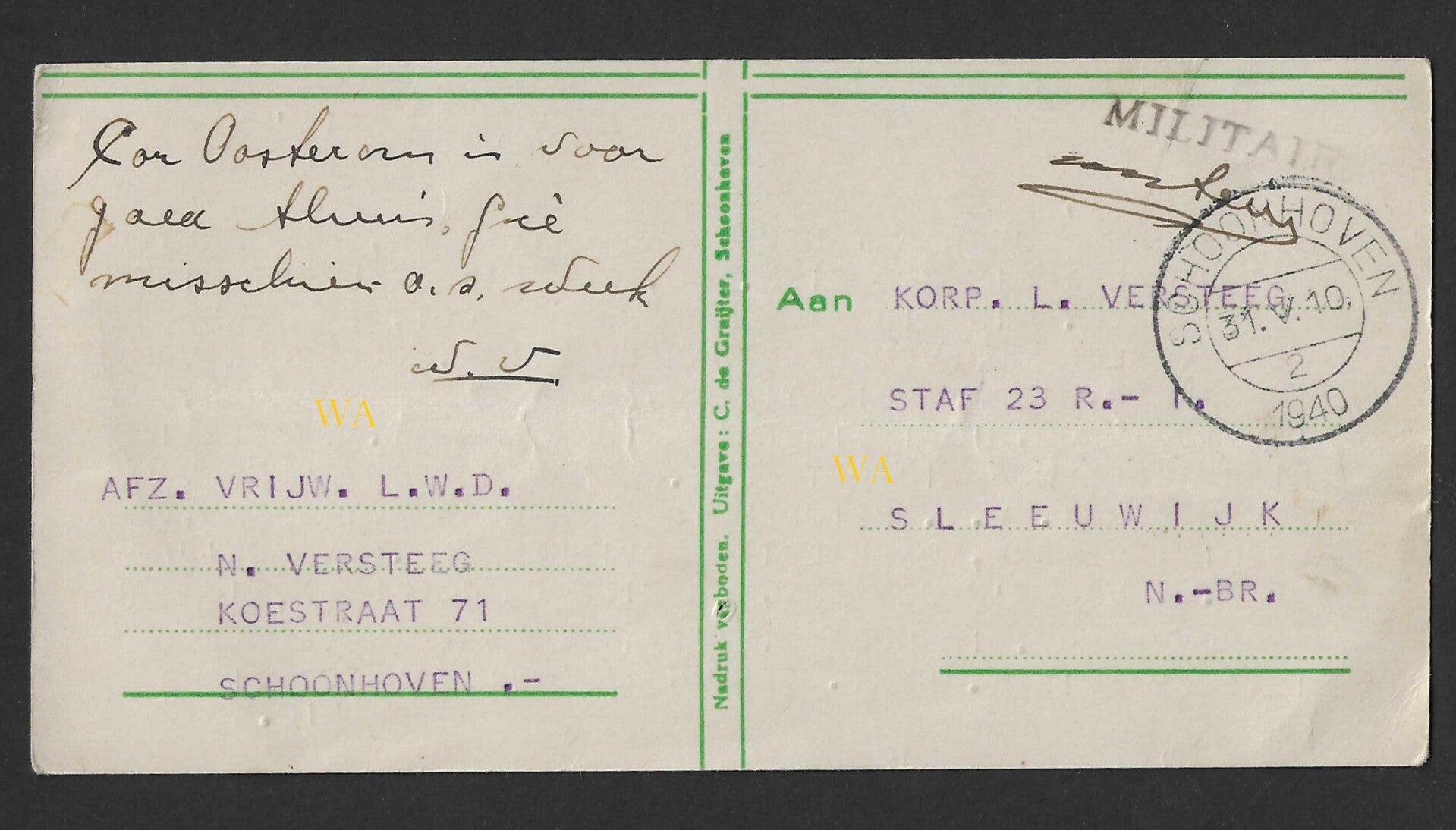 Letter sent to Corporal Versteeg in Sleeuwijk from Schoonhoven (may 1940)