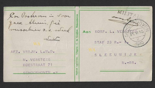 Letter sent to Corporal Versteeg in Sleeuwijk from Schoonhoven (may 1940)