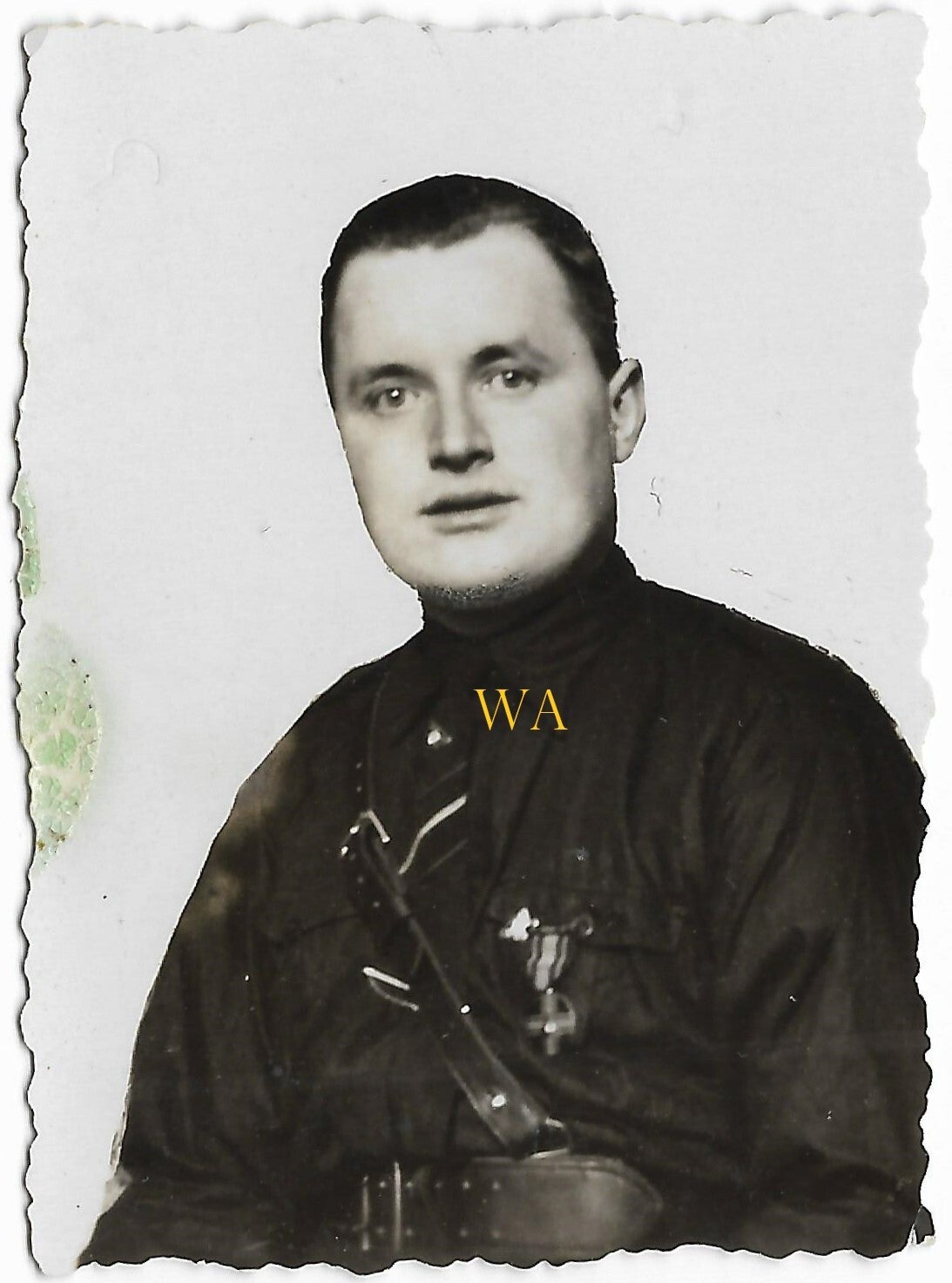 Passport photo of an NSB member in uniform and wearing the 'Distance March 1935 Medal'