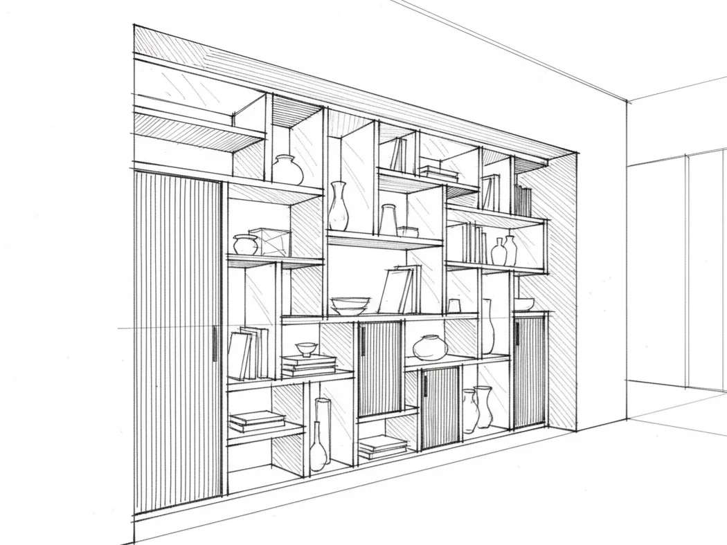 schets van kastenwand op maat