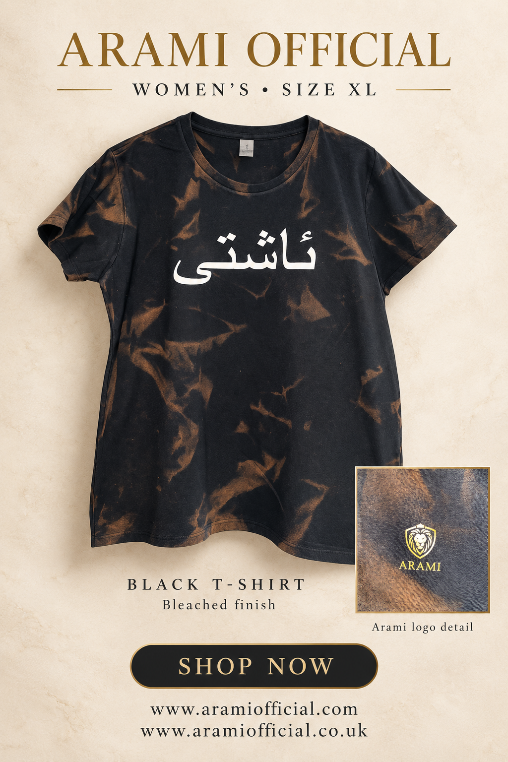 Women’s “Ashti — Peace” Bleached T-Shirt – Black – XL