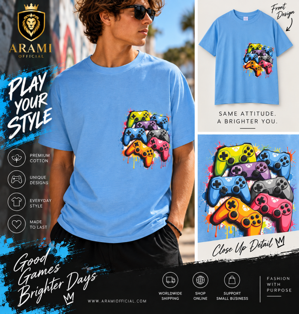 childrens Colour Splash Gamer Controller T-Shirt – Blue - child