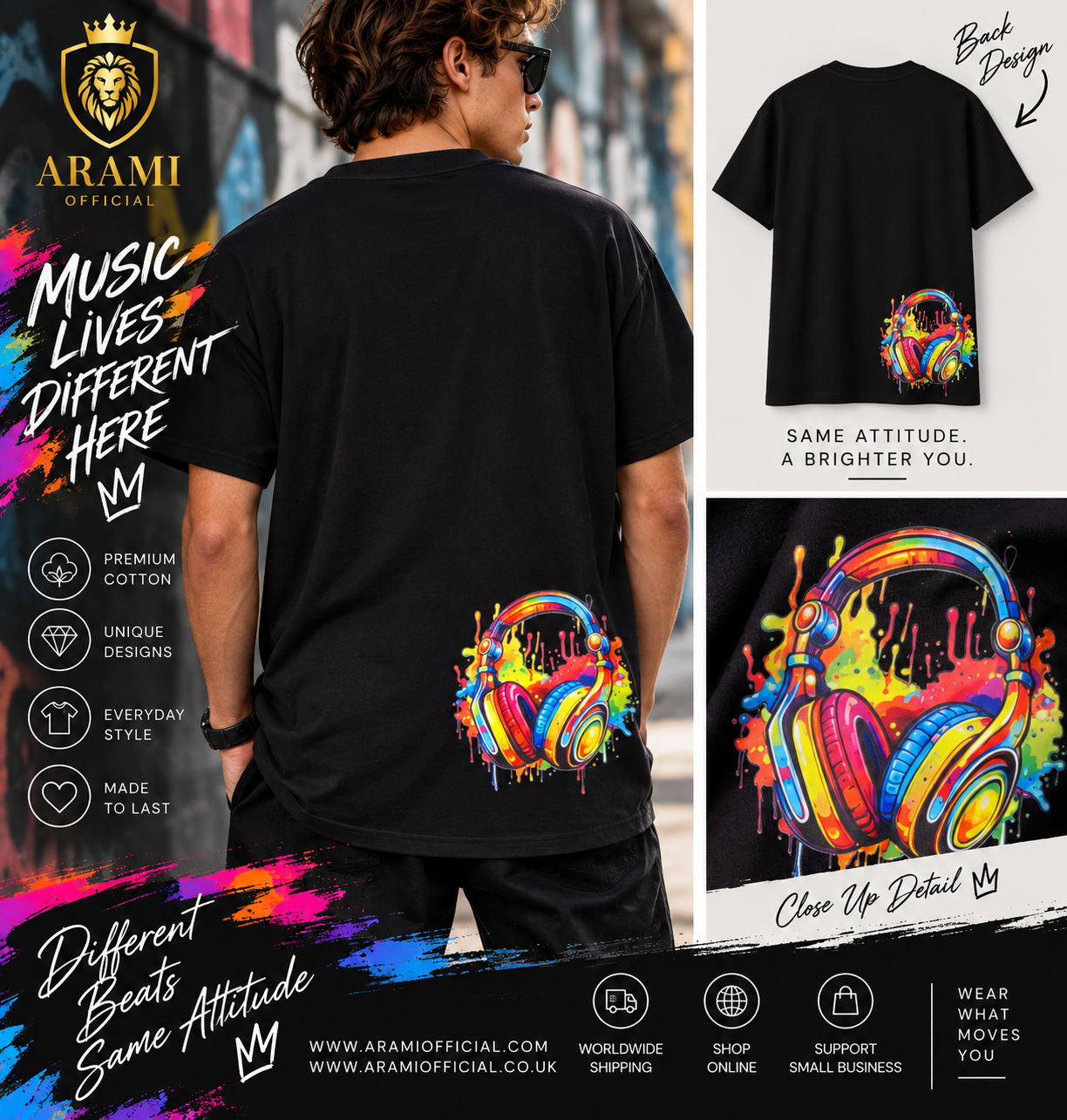 childrens Colour Splash Headphones T-Shirt – Black - child