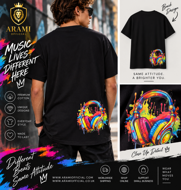 childrens Colour Splash Headphones T-Shirt – Black - child