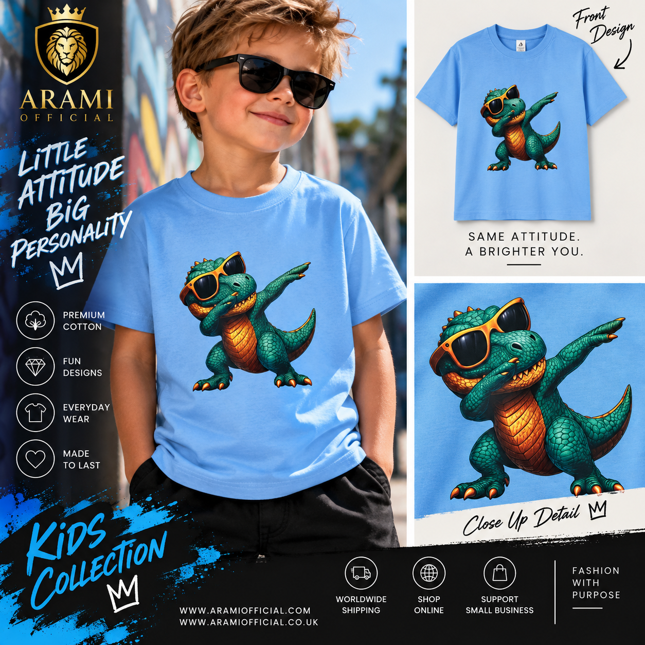childrens Cool Dino Dab Graphic T-Shirt – Blue - Child