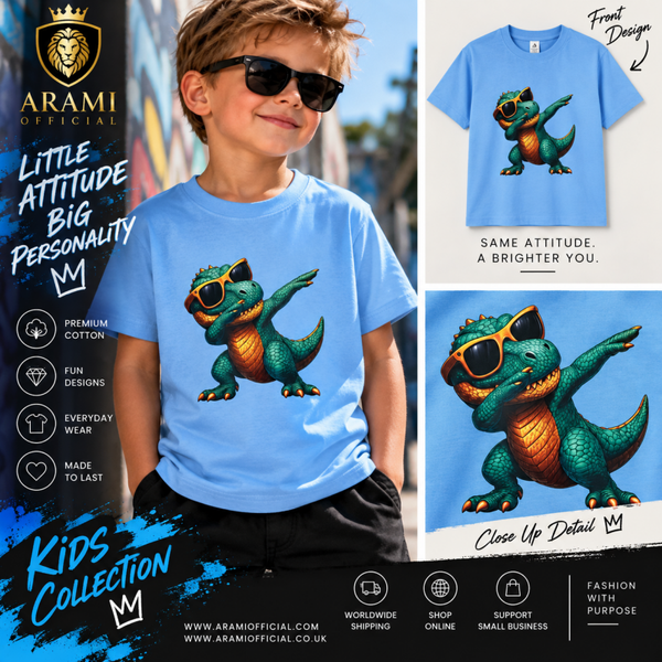 childrens Cool Dino Dab Graphic T-Shirt – Blue - Child