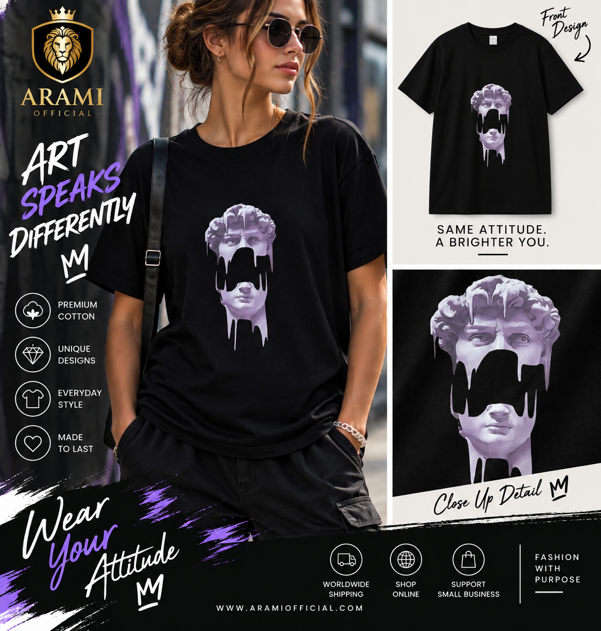 womens Melting Statue Graphic Women’s T-Shirt – Black - Women