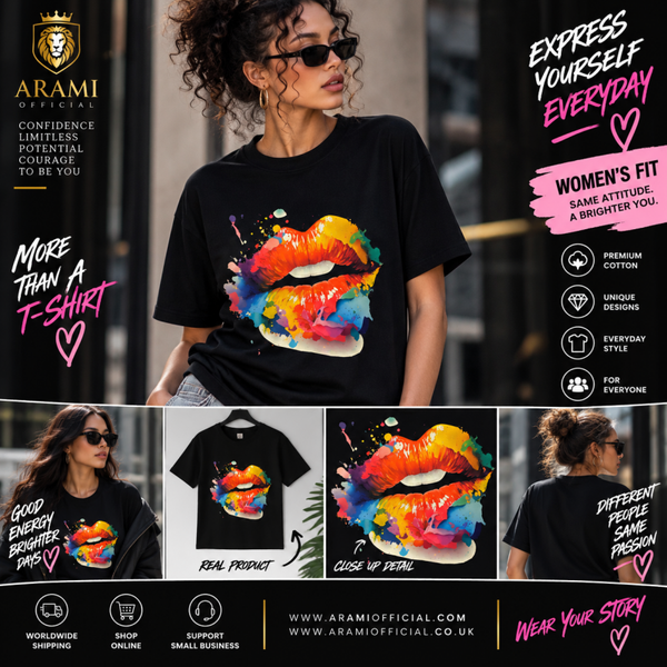 womens Colour Splash Lips Women’s T-Shirt – Black - Women