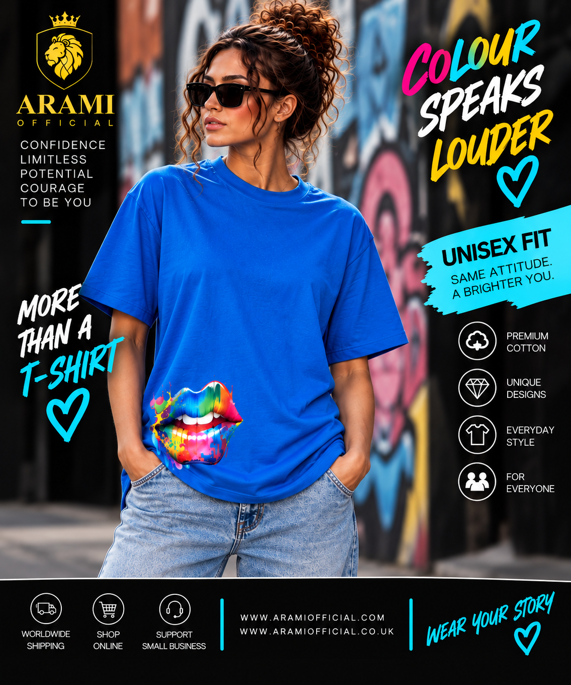 unisex Colour Splash Lips T-Shirt – Royal Blue - Unisex