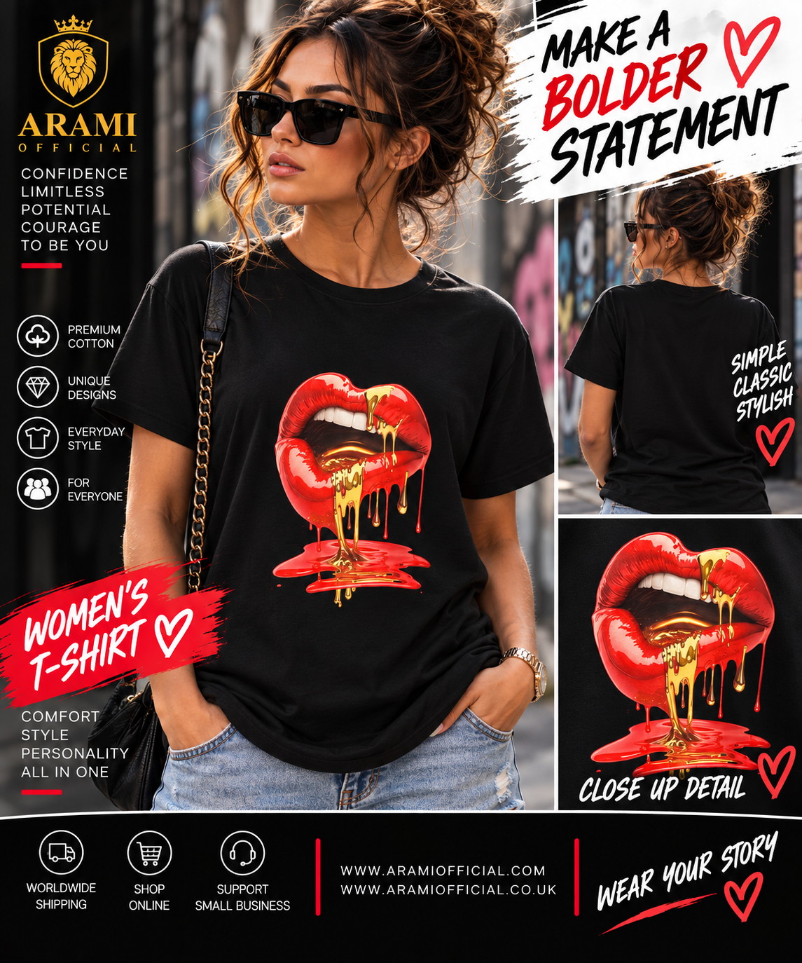 womens Red & Gold Dripping Lips Women’s T-Shirt – Black - Women
