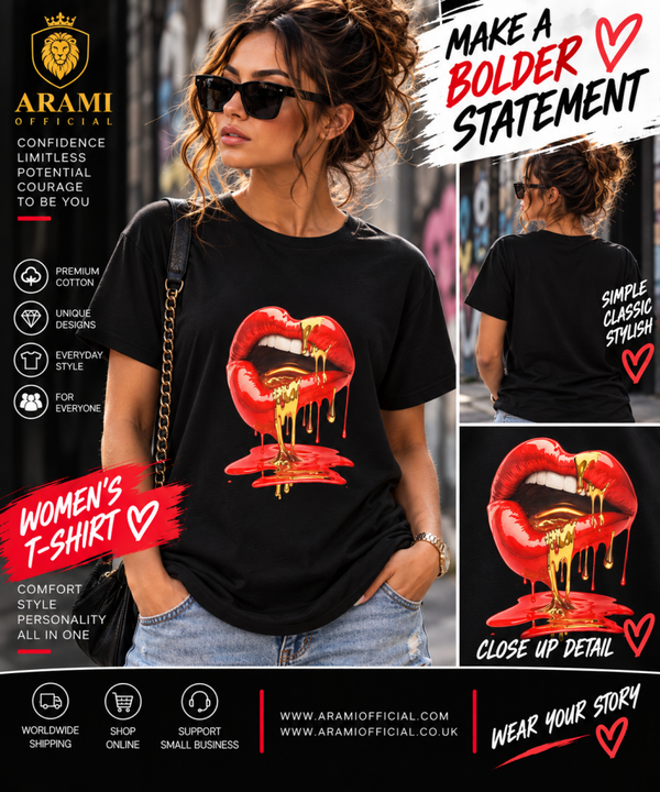 womens Red & Gold Dripping Lips Women’s T-Shirt – Black - Women