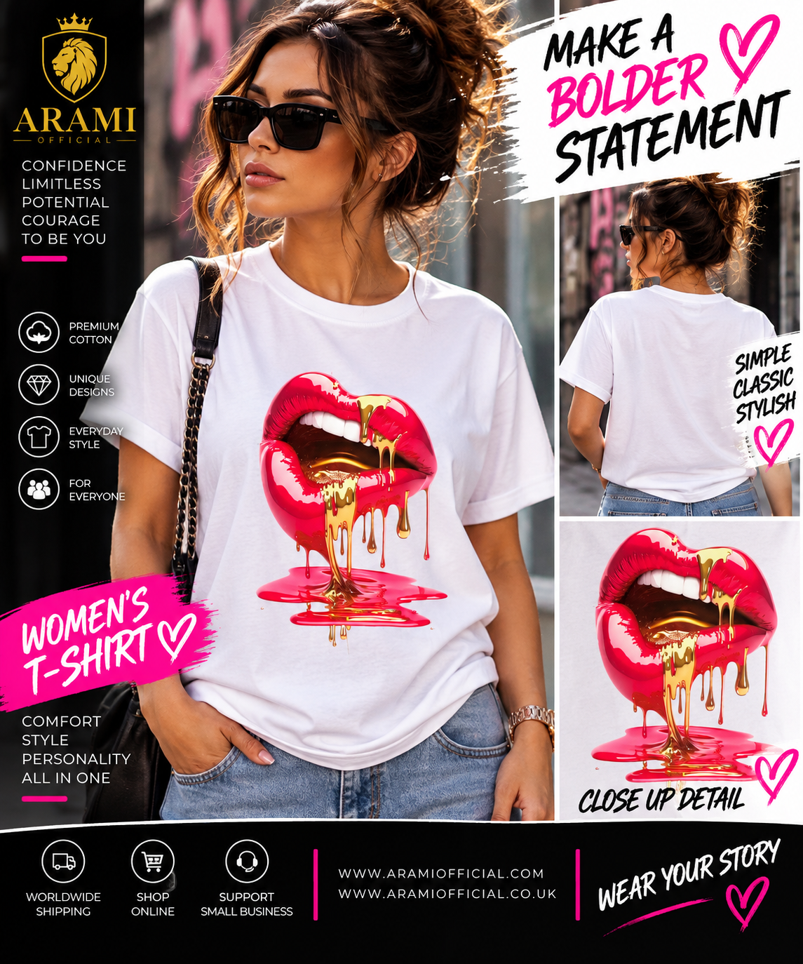 womens Red & Gold Dripping Lips Women’s T-Shirt – White - Women