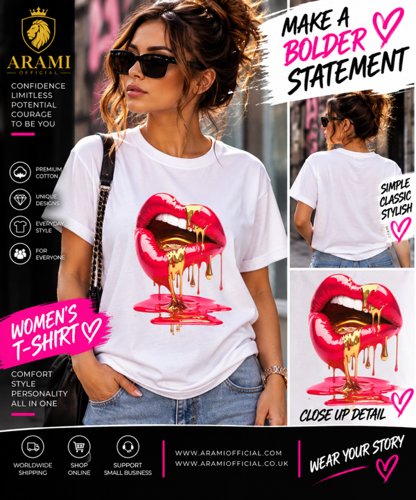 womens Red & Gold Dripping Lips Women’s T-Shirt – White - Women