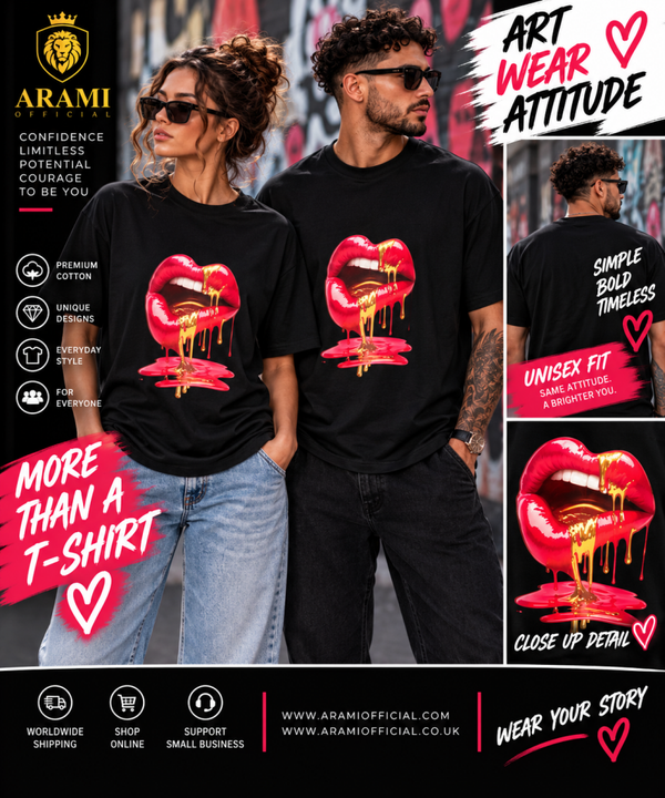 Red & Gold Dripping Lips Unisex T-Shirt – Black - Unisex