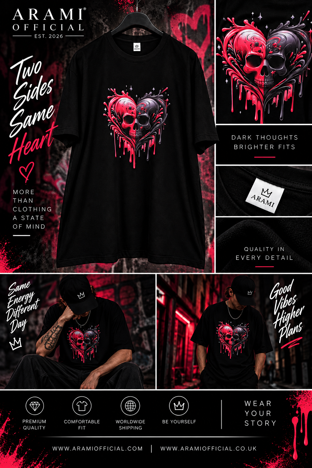 unisex Two Sides Skull Heart T-Shirt - Unisex