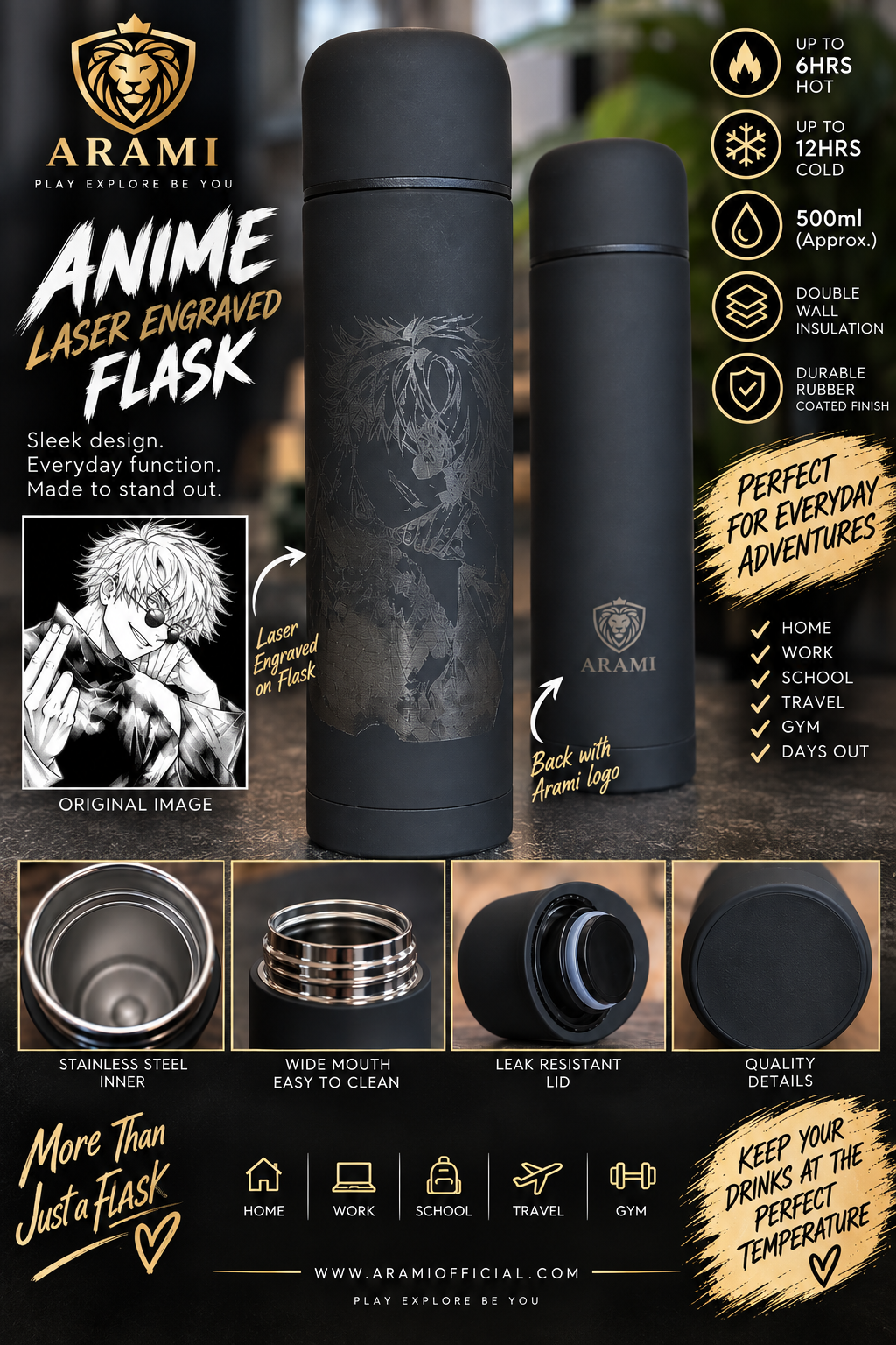 Anime Laser-Engraved 500ml Double Wall Flask