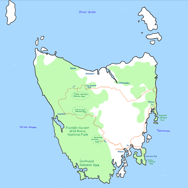 kaart van roadtrip in Tasmania