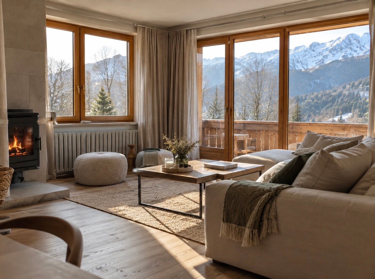 Intérieur lumineux d'un chalet de location courte durée avec vue sur les montagnes en vallée verte