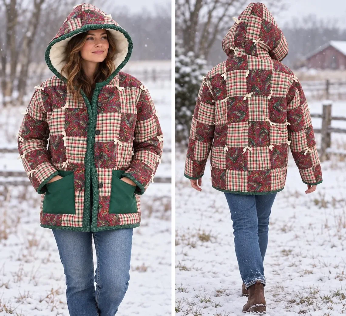 Upcycled Quilt Coat, Hooded Patchwork Jacket with Pocket Q142