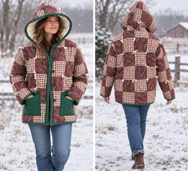 Upcycled Quilt Coat, Hooded Patchwork Jacket with Pocket Q142