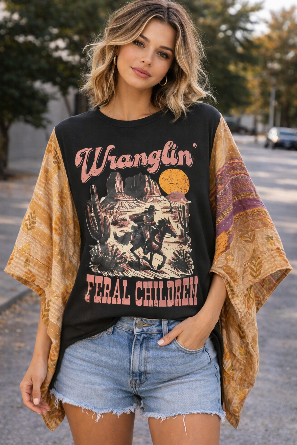Wrangling Feral Children up cycle Kantha Tee - K133