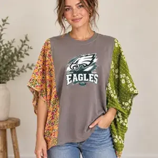 Philadelphia Eagles Upcycled Tee with Kantha Sleeves #K280