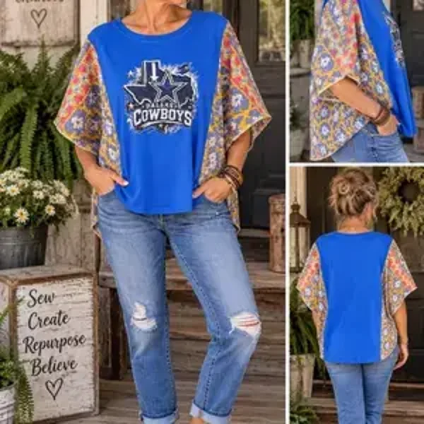 Dallas Cowboys Upcycled Top with Kantha Style Sleeves