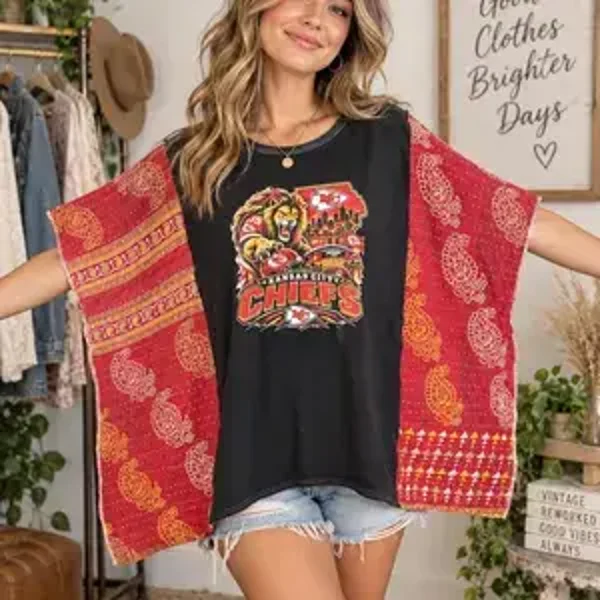 Upcycled Kansas City Chiefs Tee with Kantha Sleeves #K288