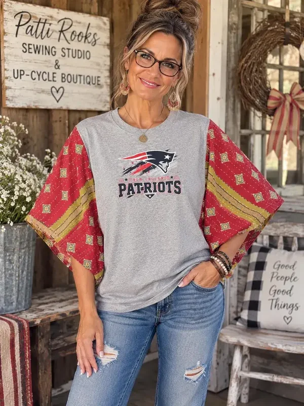 Upcycled New England Patriots Tee with Kantha Sleeves #k291