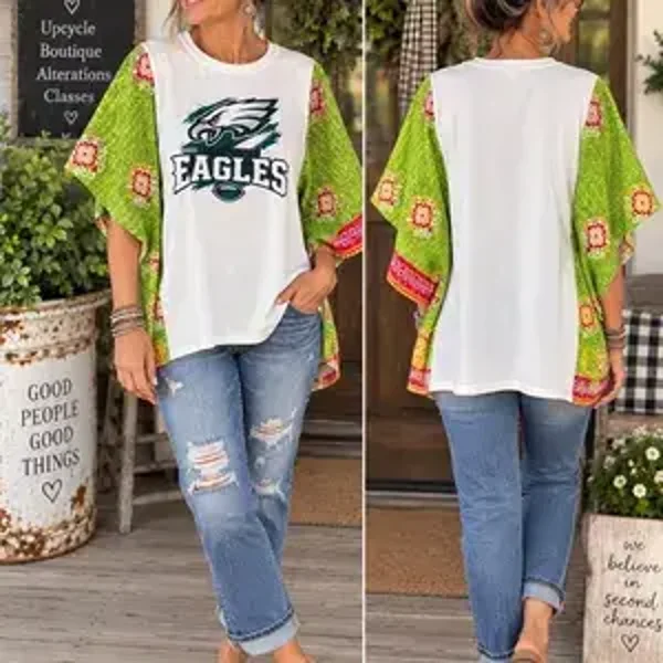 Philadelphia Eagles Upcycled Tee with Green Kantha Sleeves #K293