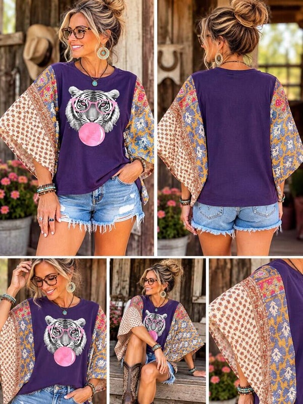 Upcycled Tiger Graphic Tee with Kantha Sleeves #K294