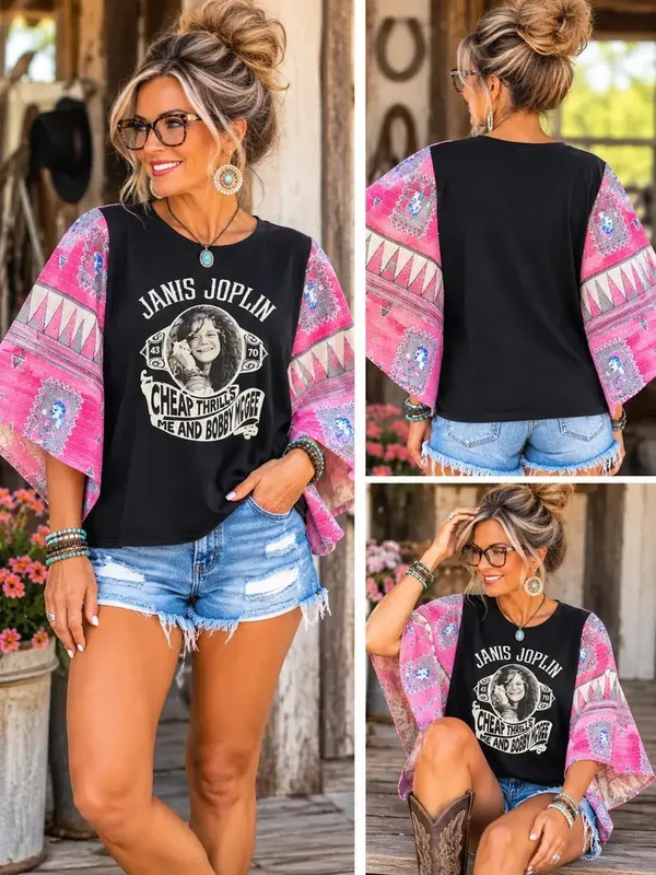 Upcycled Janis Joplin Shirt with Pink Kantha Sleeves #K295