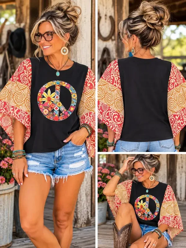 Upcycled Peace Sign Shirt with Kantha Sleeves