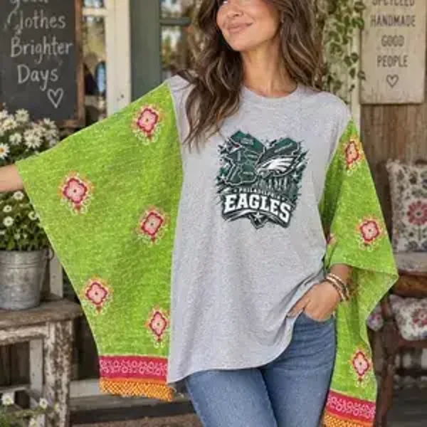 Upcycled Philadelphia Eagles Tee with Kantha Sleeves #K298