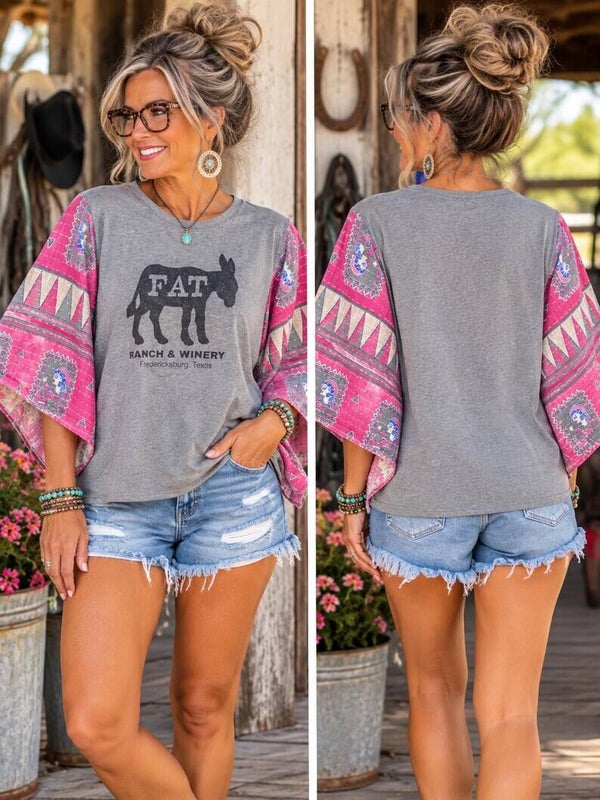 Upcycled Texas Winery Tee with Pink Kantha Sleeves  #K299