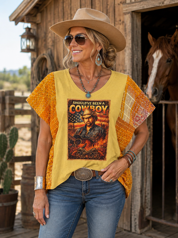 Should’ve Been a Cowboy Upcycled Kantha Tee K99