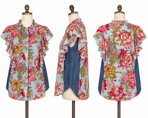 Upcycled Denim & Floral Blouse