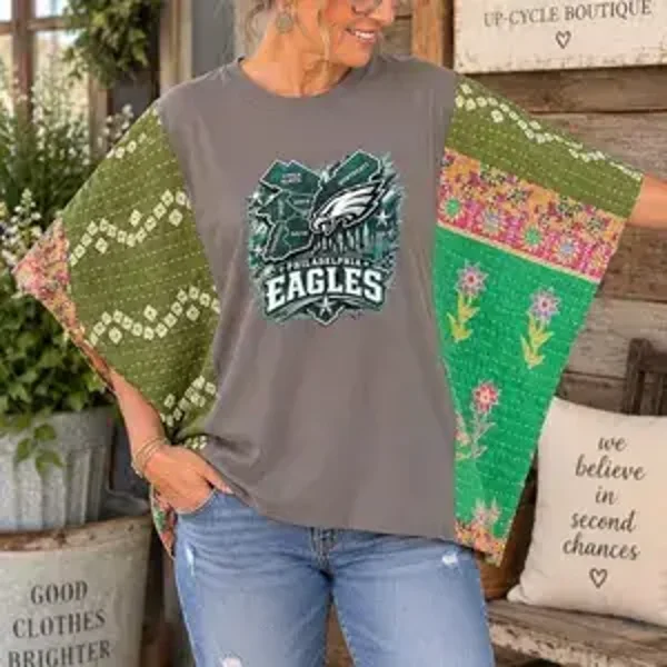 Upcycled Philadelphia Eagles Tee with Kantha Sleeves #K301
