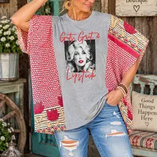 Dolly Parton Tee with Kantha Sleeve #k302
