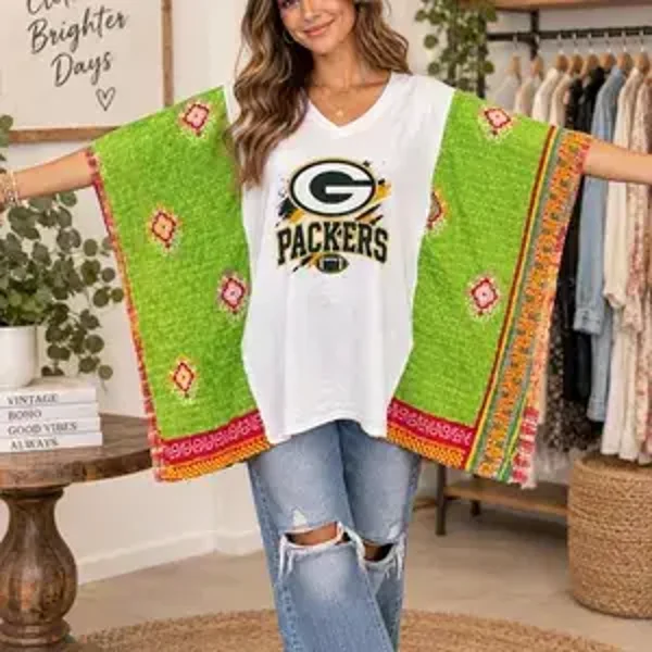 Green Bay Packers Upcycled Tee with Kantha Sleeves #K304