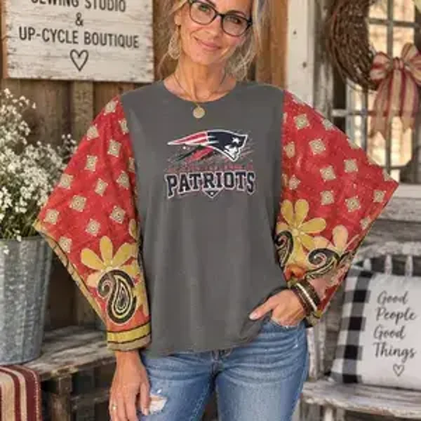 Upcycled New England Patriots Tee with Kantha Sleeves #K306