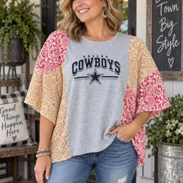 Upcycled Dallas Cowboys Tee with Kantha Sleeves #K308