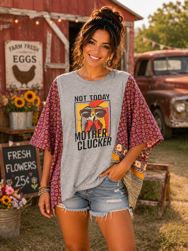 🐔 Not Today Mother Clucker – Upcycled Kantha Sleeve Tee 🐔