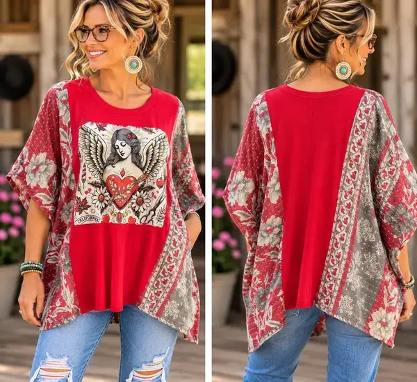 Upcycled Red Graphic Top with Kantha Sleeves  K312