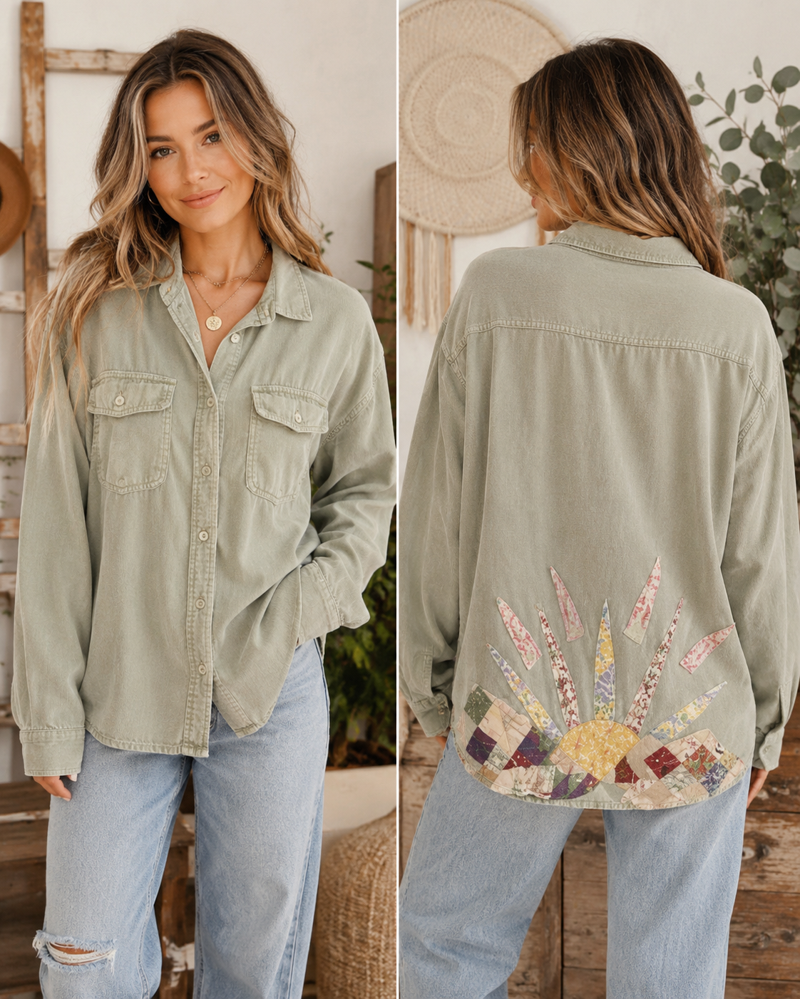 Upcycle flannel shirt with sunrise quilt design on back - TS108